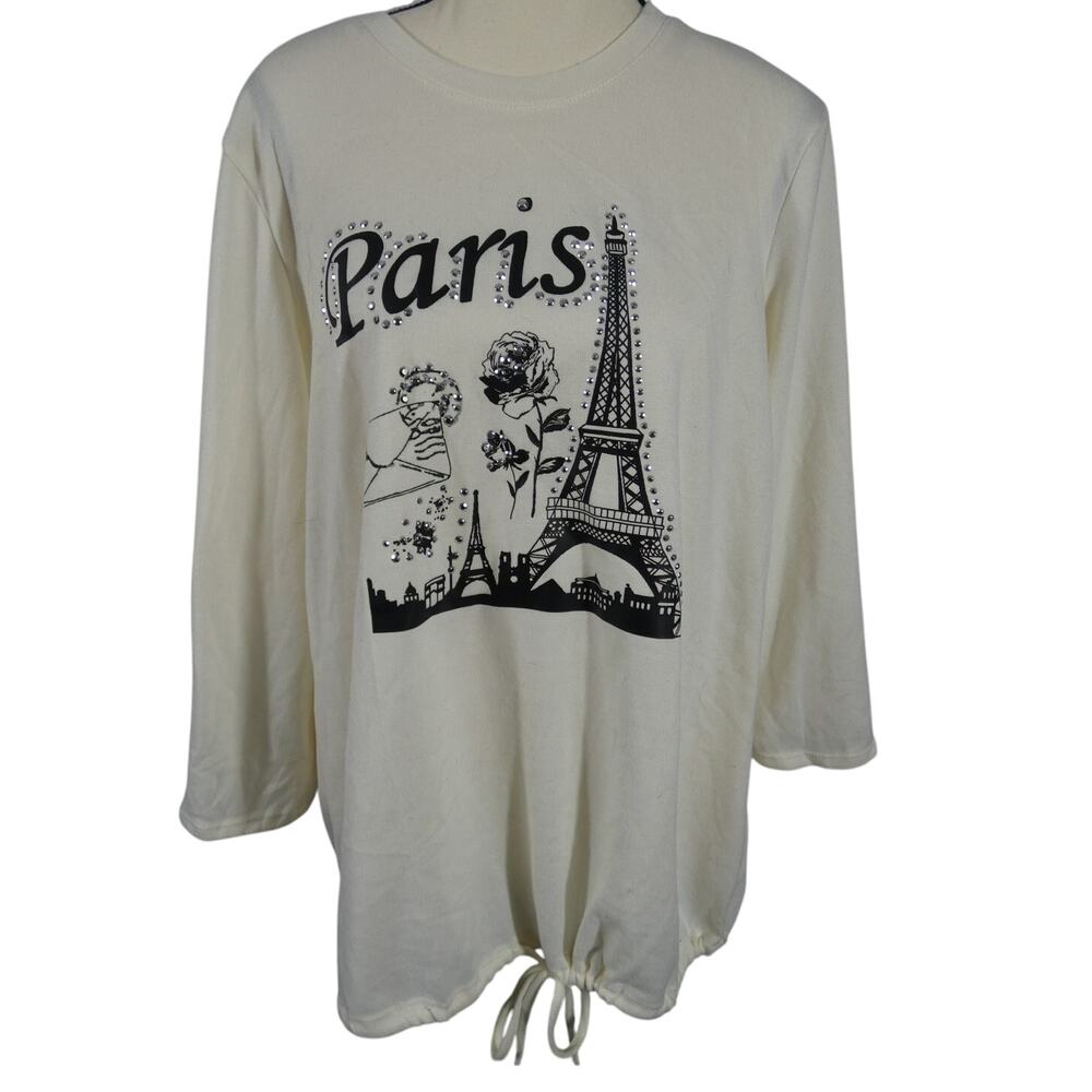 Kate Park Women's Large Ivory Blouse Blingy Paris Long Sleeves Drawstring Hem